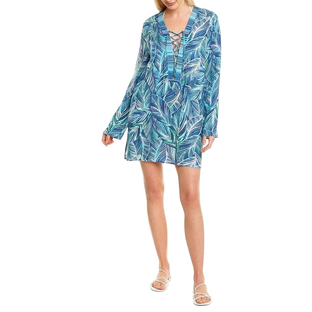 La Blanca Cover Up Tunic Dress Blue Green‎ Palm Leaf Print Womens Medium
